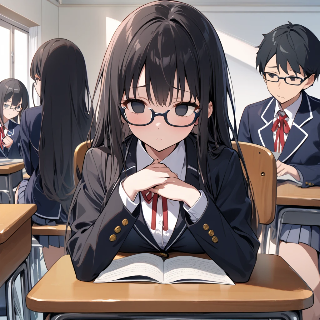 （masterpiece, Best Quality:1.2)、A large number of students、 high school girl、 black hair、very long hair、Black Eyes、empty eyes、 slender、(((Glasses)))、黒いschool uniform, 黒のmiddle breast, blazer,  red ribbon、skirt、 black socks 、（close mouth）、（no expression）、  No Emotion、classroom、corner seat、Oku、reading、 long shot