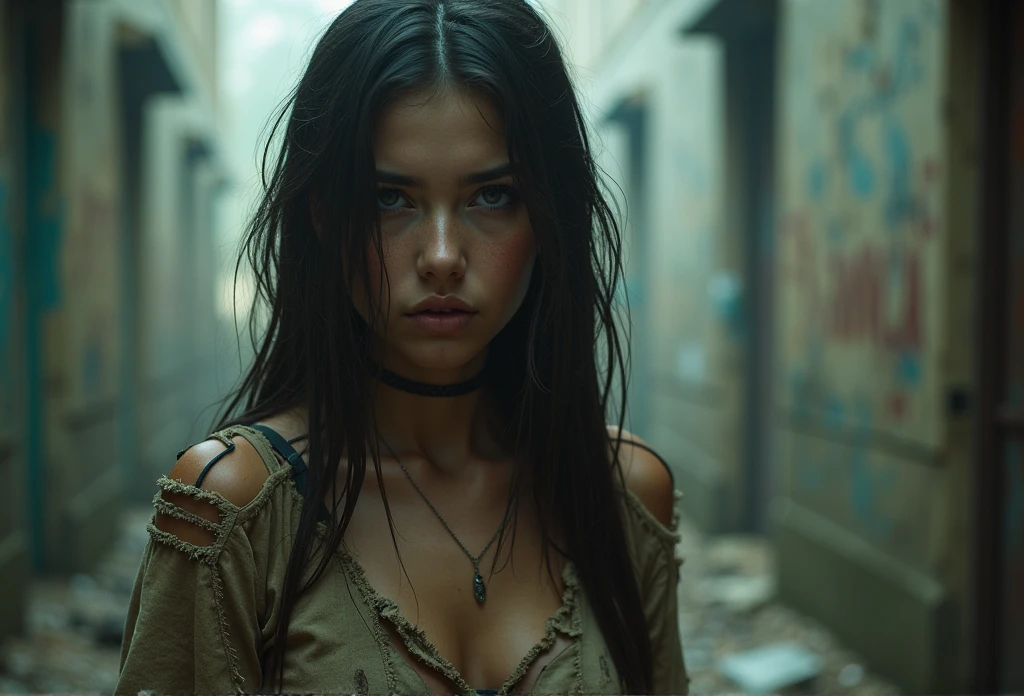 ruins, (beautiful girl), ((In tattered and tattered clothes, Dirty body)), beautiful girl, Highest quality, 8ก, Masterpiece, (Detailed eyes and face), (detailed hands), Professional photography techniques, movie theater lighting, (tears from eyes)