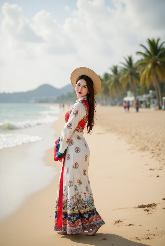 Truyenthongvn, Vietnamese traditional costume, lisamy, beautiful woman is posing on Nha Trang beach, full body view