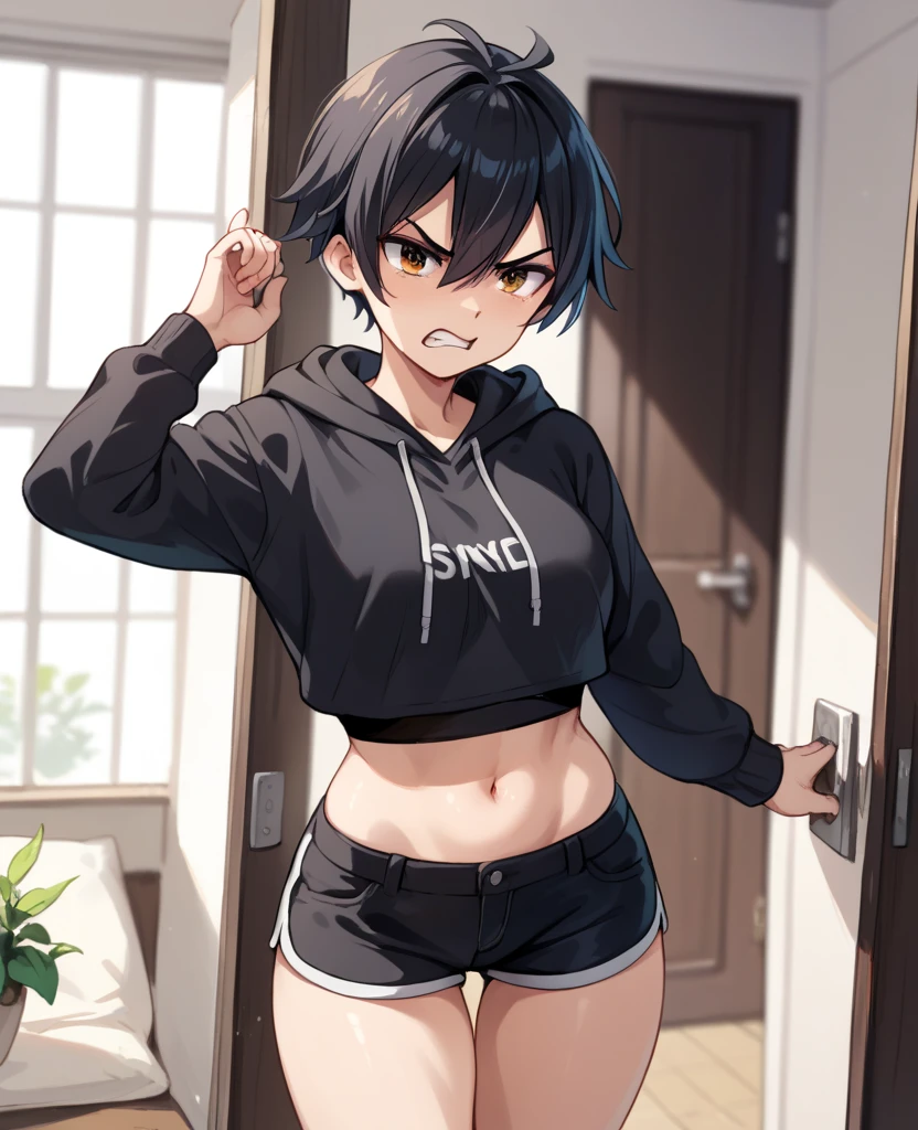 1girl, tomboy, simpledrawing. black loose hoodie, super short shorts, medium bust size, medium thigh size, angry, standing in front of the door, belly  