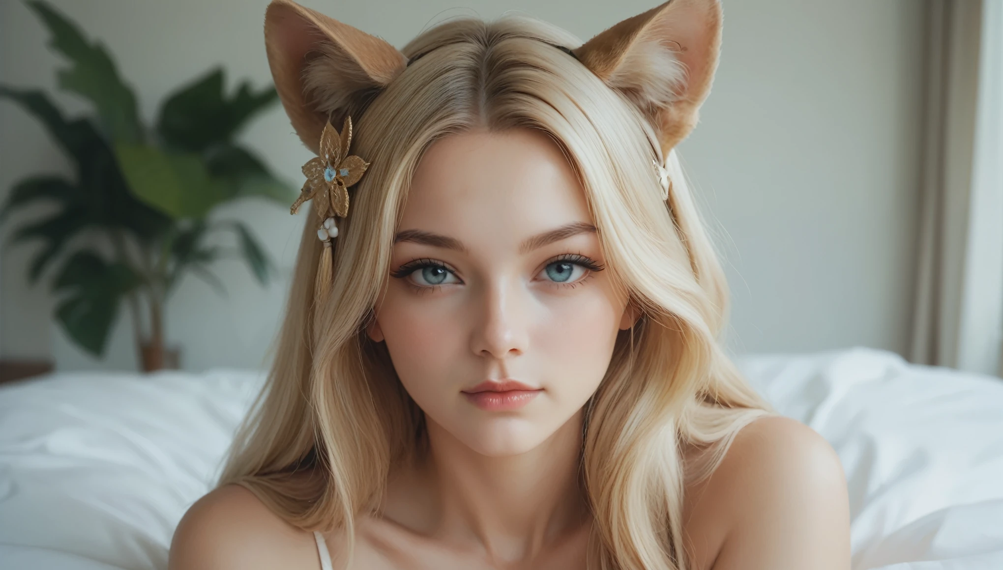 blonde long hair, wince, longeyelashes, solid circle eyes, fake animal ears, light smile, ear blush, fang, naked, cute, Surrealism, drop shadow, anaglyph, stereogram, tachi-e, pov, atmospheric perspective, 8k, super detail, ccurate, best quality