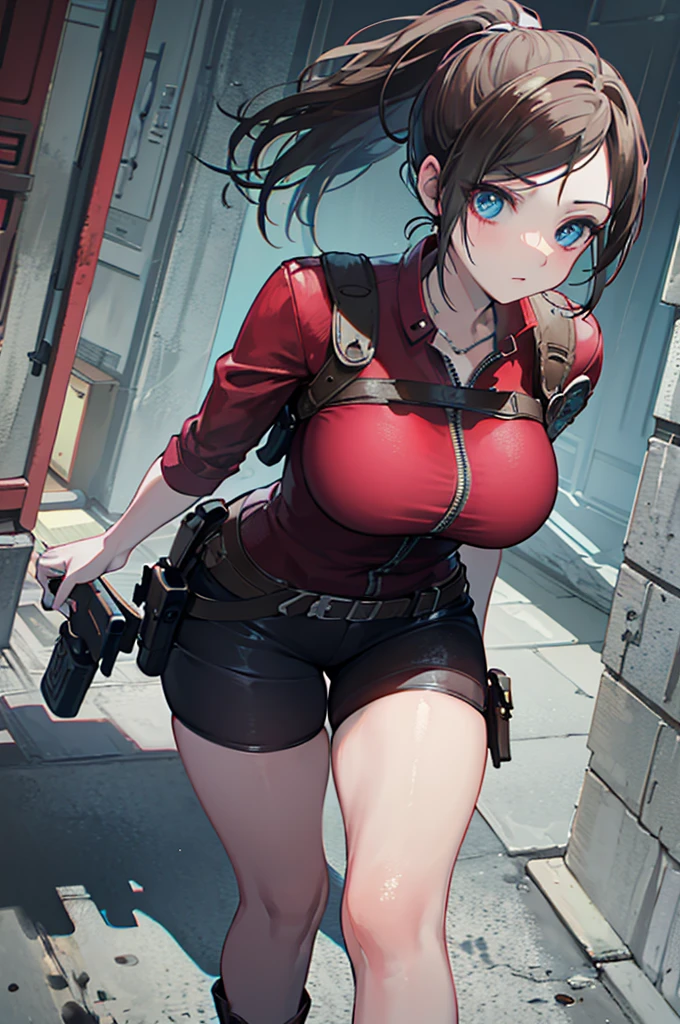 (( stain)), (( masterpiece)), (Familiar with),  perfect face , (resident evil), (claire redfield), , background, Drain ,  ponytail,  Dark Brown Hair,  blue eyes , Black pupil,  big breasts ,  White Stockings,