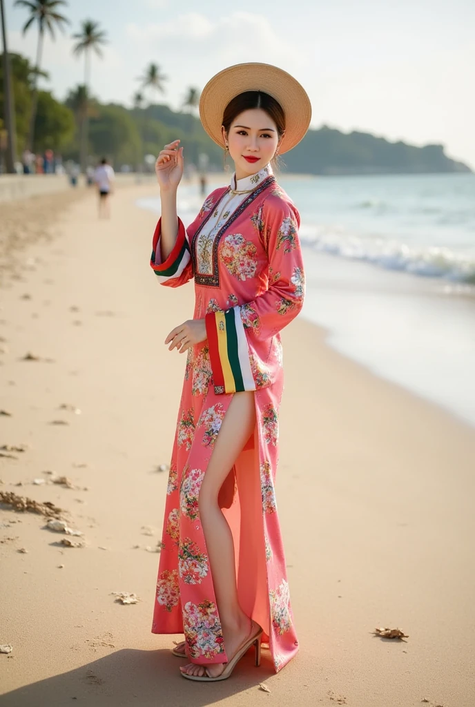 Truyenthongvn, Vietnamese traditional costume, lisamy, beautiful woman is posing on Nha Trang beach, full body view