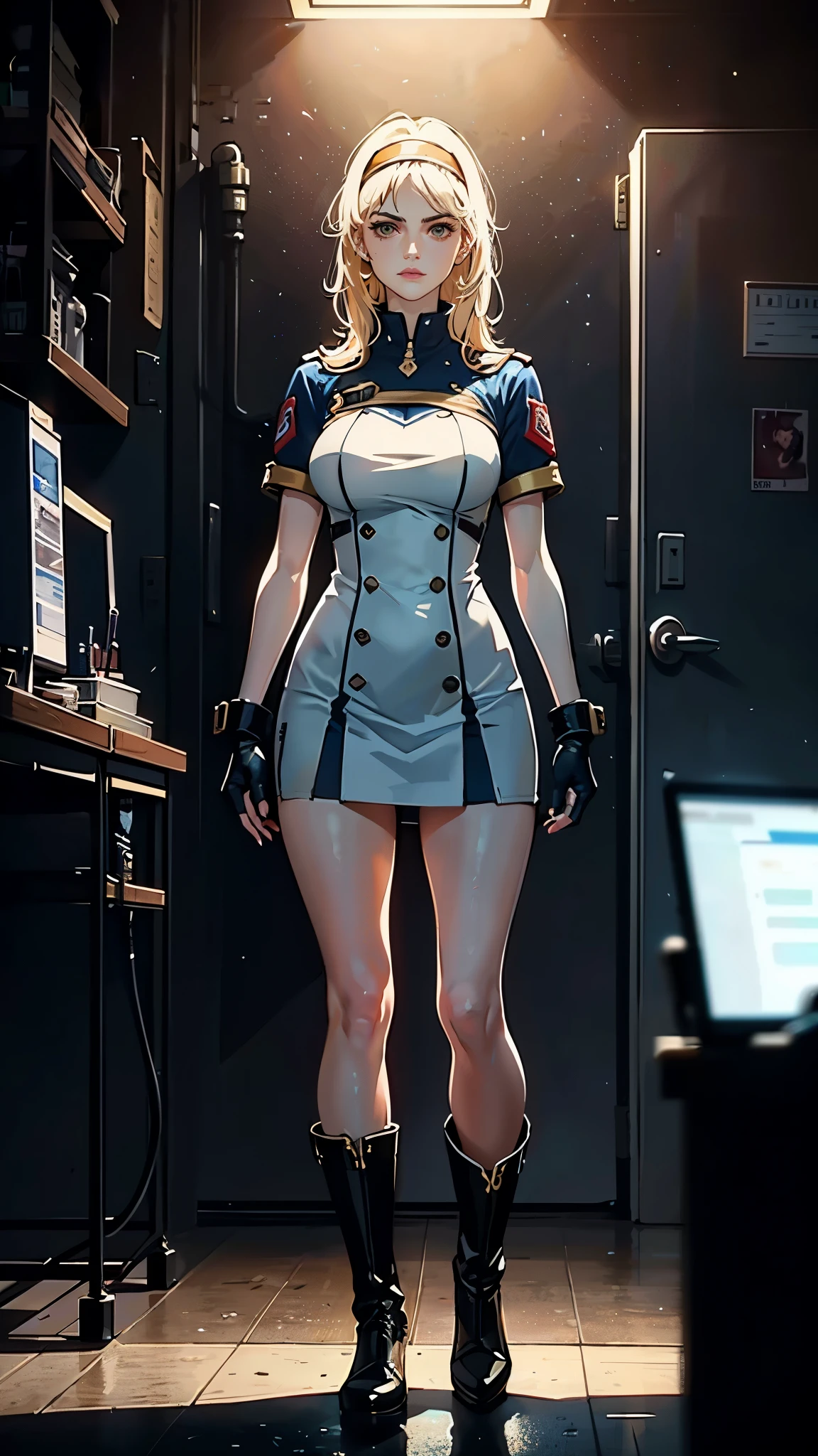 (masterpiece:1.2, best quality:1.2, extremely delicate:1.2), ((Alexandra Daddario:1.2)), a girl with short light golden hair, a metal headband on her forehead, icy gaze, detached expression, smooth and exquisite facial appearance, perfect body, perfect skin, porcelain skin, pale skin, sci-fi military uniform, short sleeves, gloves, short skirt integrated with the outfit, dark fitted pants, knee-high military boots, the color scheme is primarily White with Blue and Yellow accents, surrounded by AR virtual interfaces, standing in a futuristic sci-fi-styled room, this character embodies a finely crafted futuristic sci-fi female officer in anime style, exquisite and mature art style, exquisite photography, Photo realism, photorealistic, even and soft lighting on face, dramatic, high definition, highres, ultra-detailed, ultra-fine painting, professional, perfect body proportions, anatomically correct, symmetrical face, extremely detailed eyes and face, high quality eyes, creativity, RAW photo, UHD, 32k, portrait lighting, Natural light, cinematic lighting, (masterpiece-anatomy-perfect:1.2)