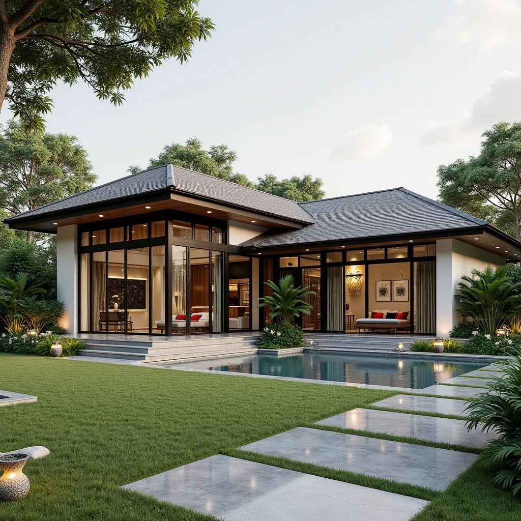 (masterpiece, best quality:1.2, hyper detail, 8k render), Flux KTHOUSE KTHOUSE Villa - Indochine 14112024, 1 morden indochina villa, 1 large glossy yard, grey and grass line ceramic yard, exterior design:1.3,daylight, volumetriclight:1.5