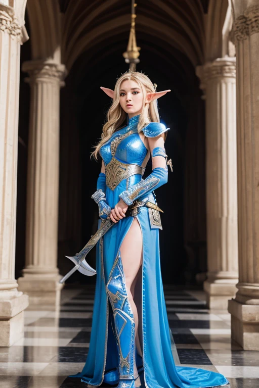 Belle femme elf, armure, cape bleu, blonde, oreille pointue, world of warcraft