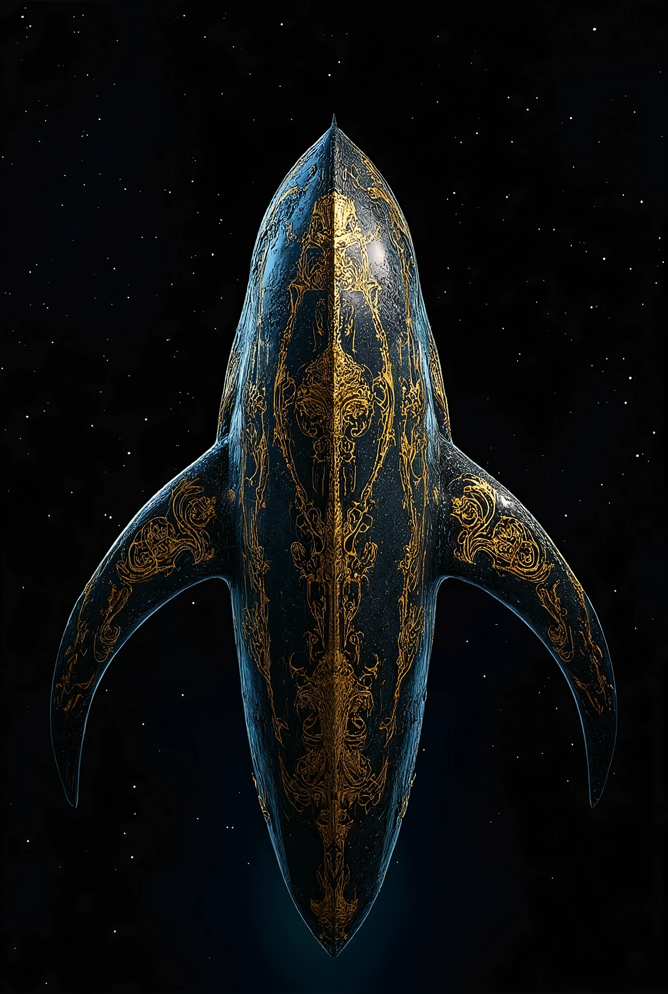 Sci-fi cinematic scene, interstellar space background, giant whale-shape spaceship. Golden runes and cybernectic line decorate, Grimmdark, mechanical. (Ultra-realistic, 32k, Masterpiece, High Quality, Detailed Realistic Background, Official Art, Realistic Lighting, filmfotos, film grain, reversal film photography)