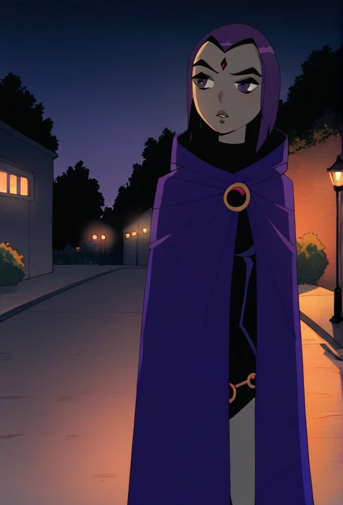 1girl, solo, raven (dc), purple eyes, purple hair, grey skin, forehead jewel, blue cape covering whole body, cape touches the ground. long blue cape, standing, night, park, hood covered head, Masterpiece, Best Quality, 