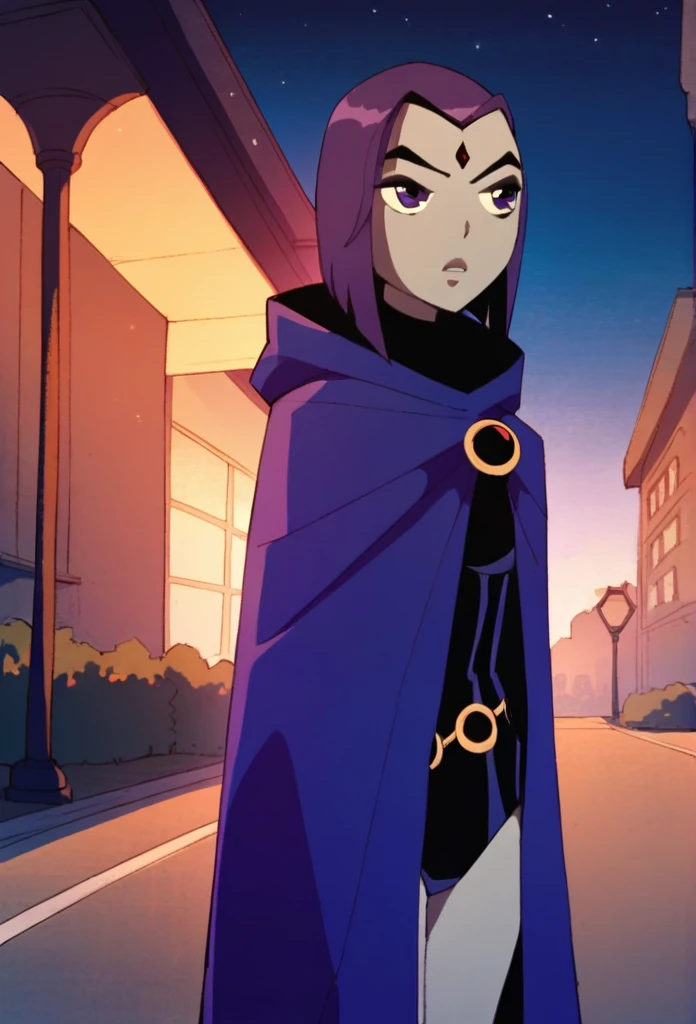 1girl, solo, raven (dc), purple eyes, purple hair, grey skin, forehead jewel, blue cape covering whole body, cape touches the ground. long blue cape, standing, night, park, hood covered head, Masterpiece, Best Quality, 