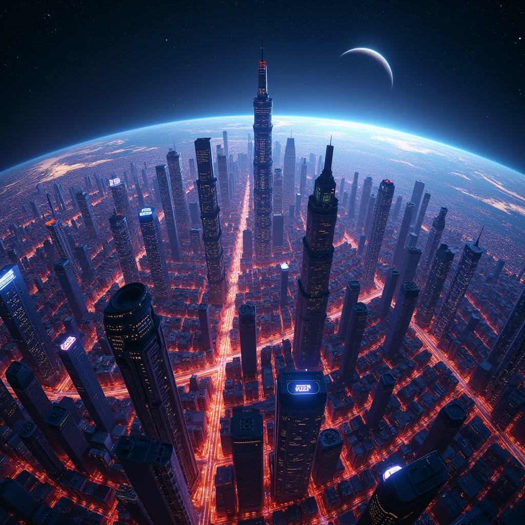 Earth's neon city seen from space,masterpiece,  Hi-Res,  high detail ,  High Quality ,  Ultra High Definition, fluorescence, Reflected Light, 8k,  digital art, Ultra Wide Angle,  fisheye shot, 