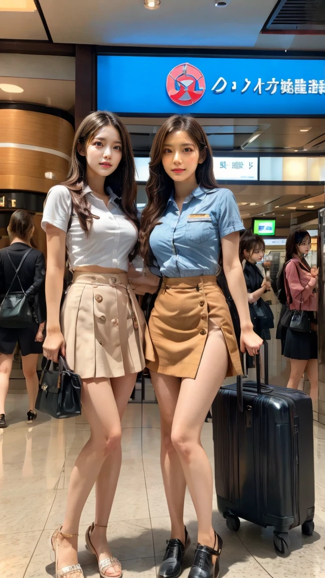 8k、（masterpiece、Best Quality:1.3）、（ several people having fun with each other while having very detailed :1.2）、 perfect anatomy、 beautiful Japanese women  、24 years old、 Healthy Thighs、 beautiful legs with tails、 beautiful skin 、 random hair color 、 random hairstyles、Big Breasts、 flight attendants、（ flight attendantsの制服:1.3) 、（ mini skirt:1.3）、 full body shot、pumps、Suitcases、airport、done