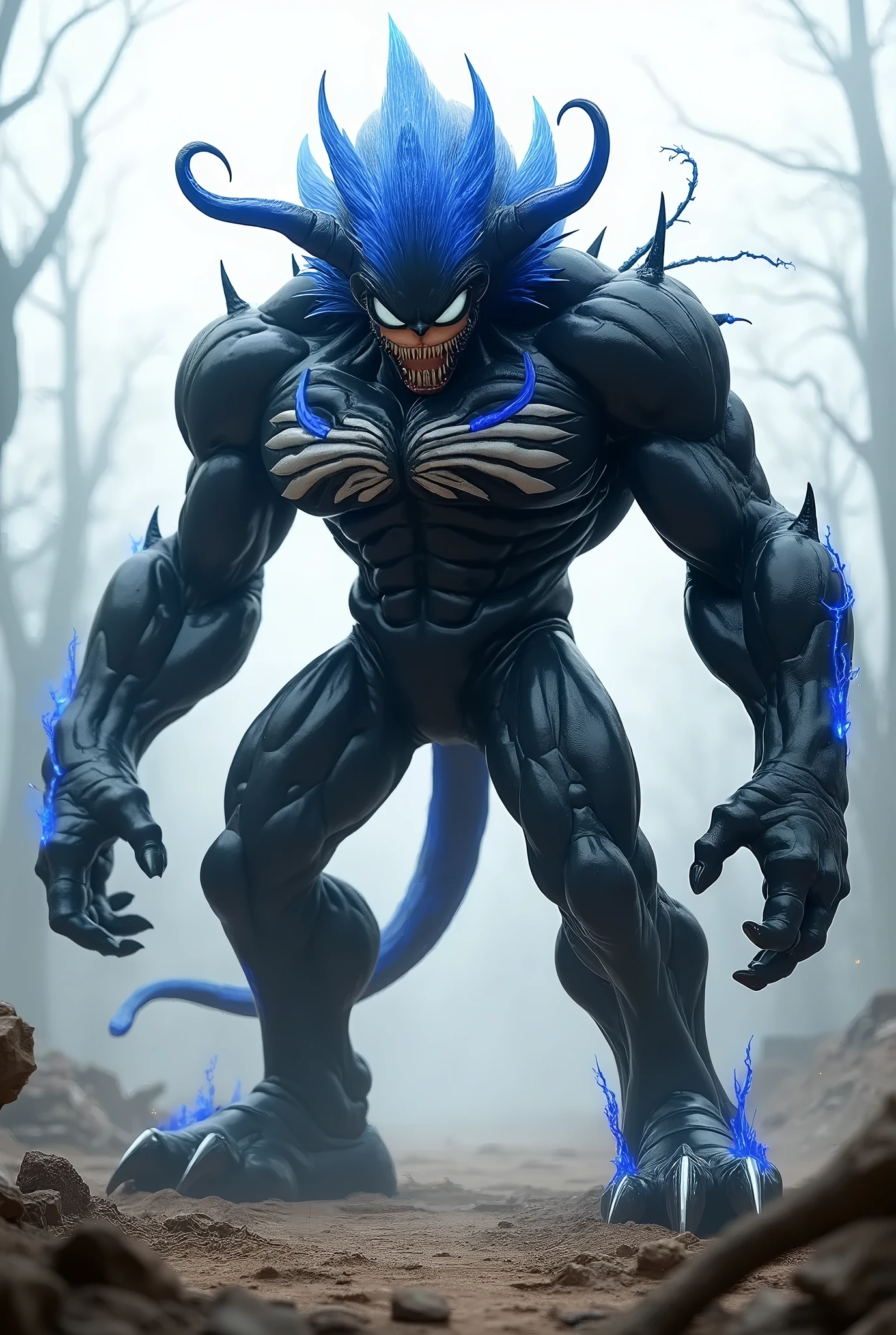 「A terrifying monster wrapped in dark energy.。Venom's black symbiote、Fusing with Super Saiyan Son Goku from Dragon Ball、Muscle々With a strong body、It has sharp fangs and glowing red eyes.。His body was covered in a black liquid-like symbiote.、Golden aura is leaking out here and there.。On his back、Son Goku's Super Saiyan hairstyle turns into giant thorns、The tail is undulating like a snake、Occasional green lightning flashes。In the right hand、He clutches the Kamehameha sphere, ready to unleash a wave of energy.、The left hand has sharp claws、He emits such power that the air around him is distorted.。This monster stands on the raging earth、The silhouette of a ruined city can be seen behind。」