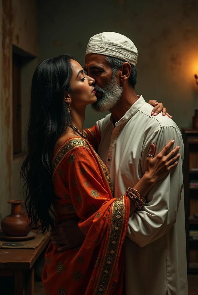 A muslim man in white beard and in muslim cap doing sex with Hindu young woman

