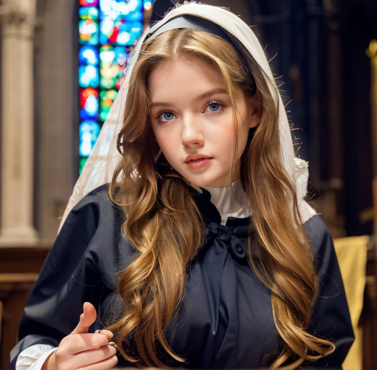  Pretty woman,cute,huge natural breasts, blonde hair curly/flowing, detailed dark BLUE eyes and face, not to skinny, make it ultra-realistic, western european girl, in a church, ripped off nun uniform (sexy nun), extremely detailed blue eyes, extremely long wavy blonde hair，naked breasts