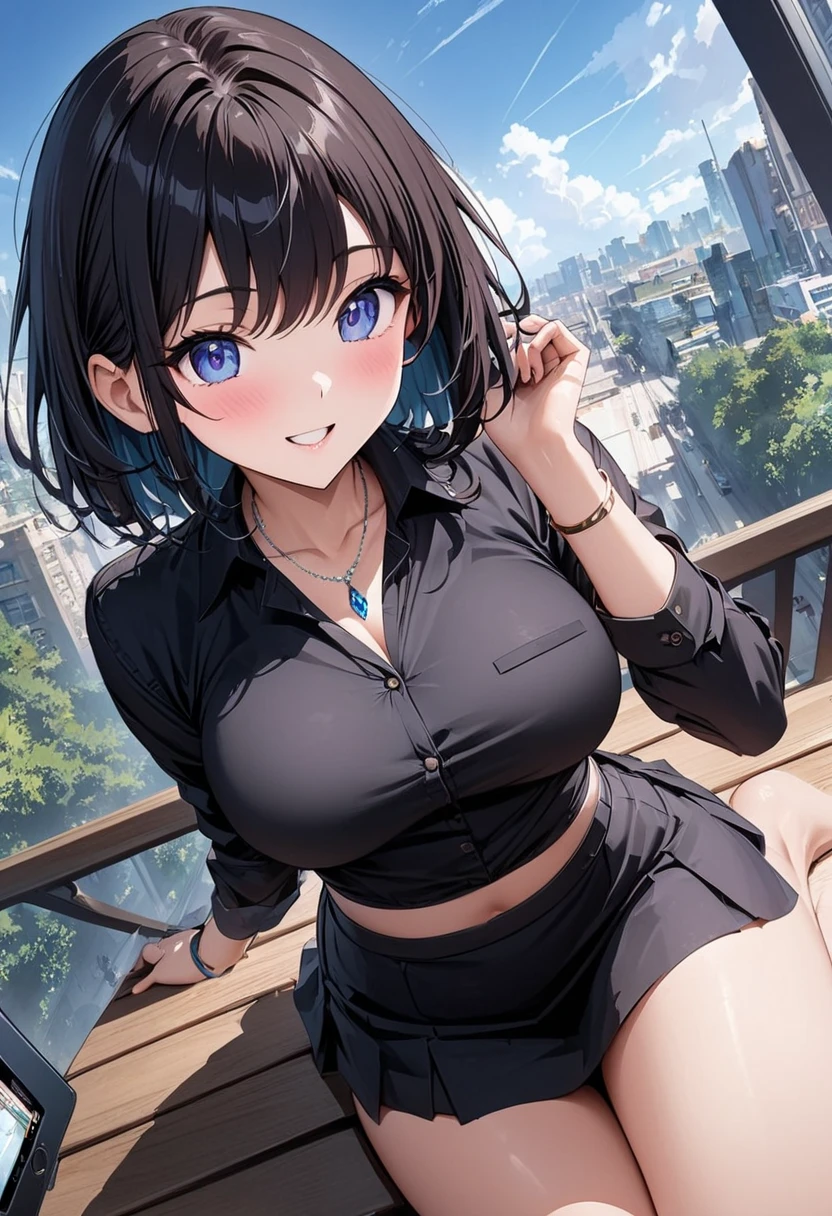 1girl, full body, solo, village, trees, colorful hair, curly hair, ponytail, large breasts, button down shirt, ninja, ((black shirt)), ((unbuttoned shirt)), ((short sleeved shirt)), blue eyes, black shorts, katana, grin, looking at the viewer, ((standing)), hair ribbon, bandage