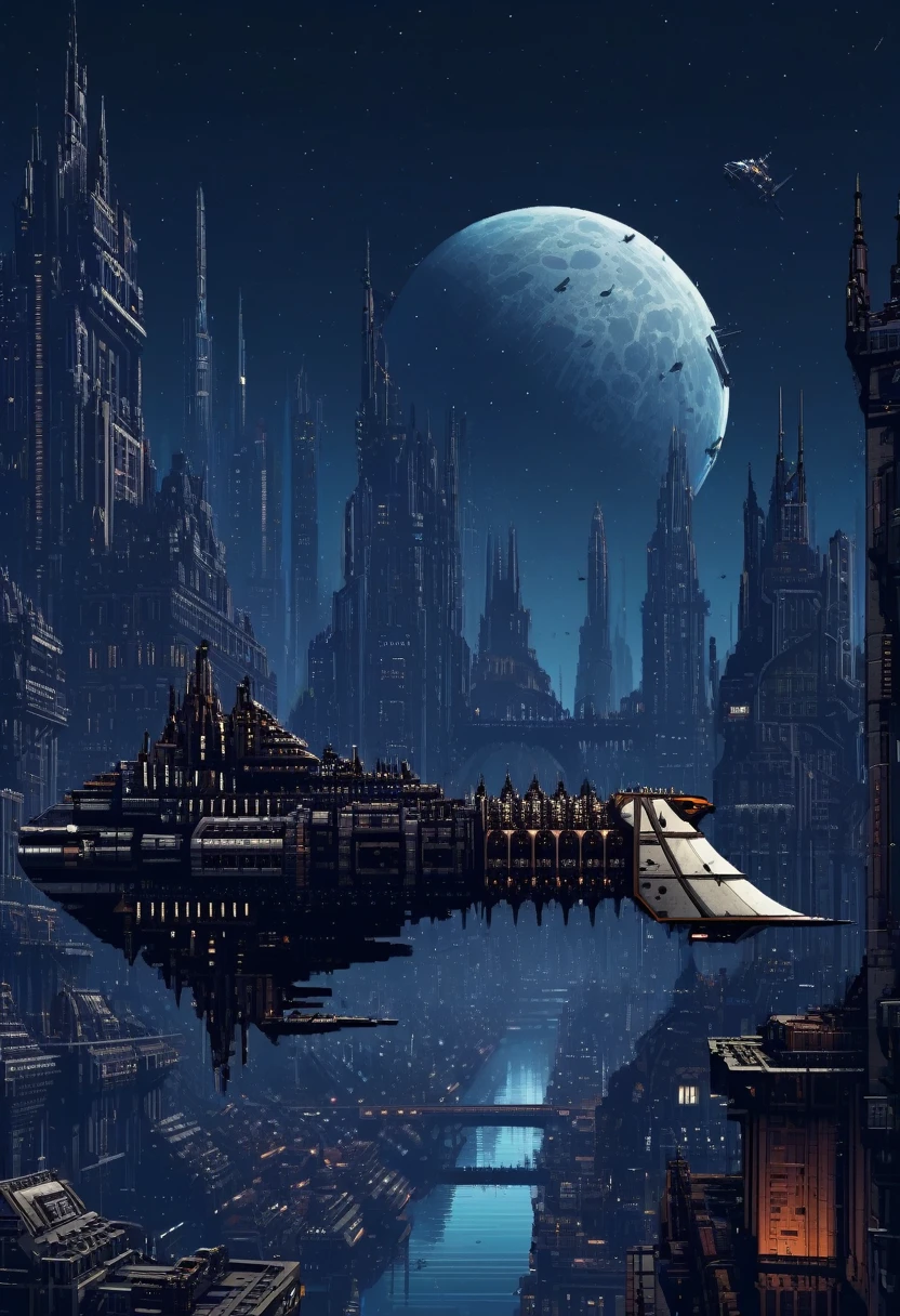 pixelart style, a futuristic city with a large impstarship in the background , gothic architecture