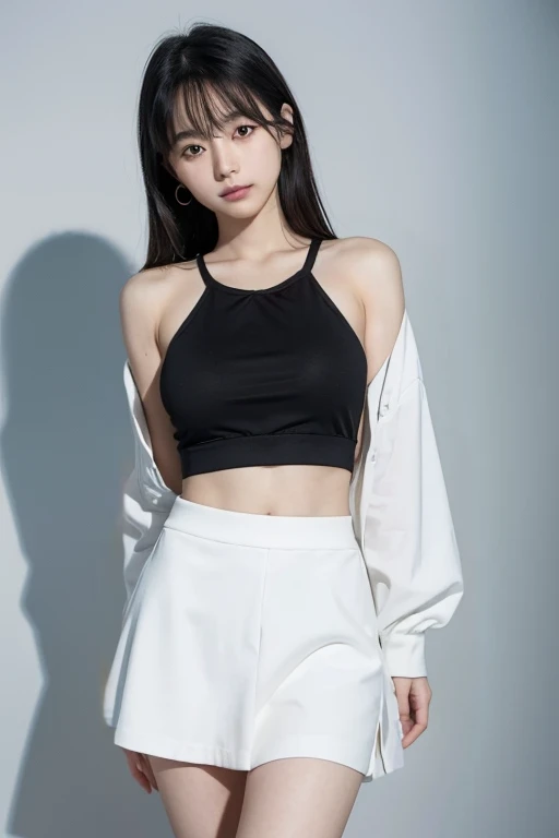 (8K分辨率,Full body photo in the distance,Photo of the halfway over the leg,Realistic wallpapers),(1 female,18yr old,(Rina Fujii's facial features:1.6,Thin skeletal cheeks,s delicate face),com rosto detalhado,(Delicate Japanese makeup),Lovely face,com rosto detalhado,详细的脸,Ultra-fine makeup,Black colored eyes,(Look into the distance),Long hair with gradient blonde,(By bangs,Tied ponytail,messy hair,Messy has layers),Redlip,Fair smooth skin,(Best Skin Type:1.21),mediuml breasts,(Suspender T-shirt,(white colors,blobs),black colored leggings,(materpiece:Stretch Lycra cotton),Lunette de soleil,Fashion necklace,espadrilles),Tall and tall,The action of flying kisses,perfect hand,Ultra-fine clothing material),(Stage catwalk,Runway LCD background,Exquisite stage details,(Vista view of the catwalk,Outdoor catwalk,Tokyo fashion show,neonlight,There were a lot of spectators in the audience,Model on the catwalk)),(exhilarated,happy laughing,Rejoice),(Various stage lighting assistance,profesional lighting,动态照明),((Color contrast,Reserved,adolable,vivaciousness,(white colors,black in color,blue colors,purpleish color))),(Golden section,Cinema lenses,Dynamic shots,Hasselblad photograp,tmasterpiece:1.3),(adolable,rays of sunshine,vivaciousness,Petite and lovely,dream magical,Little woman,trendsetting,Street style,Artis,Art platform)