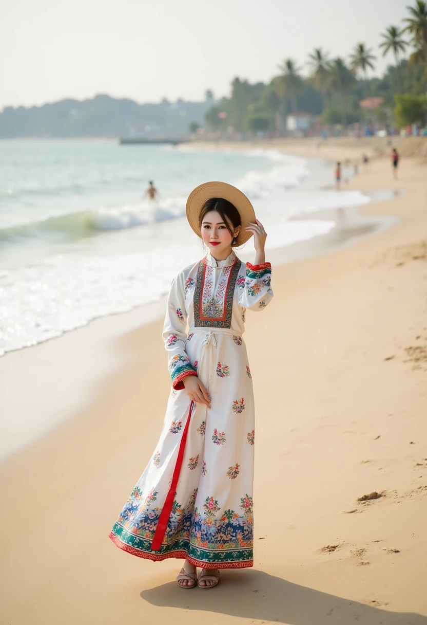 Truyenthongvn, Vietnamese traditional costume, lisamy, beautiful woman is posing on Nha Trang beach, full body view