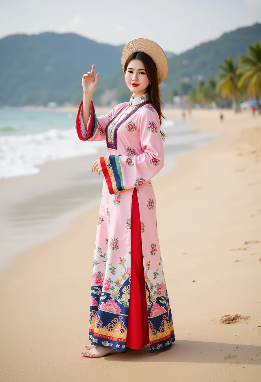 Truyenthongvn, Vietnamese traditional costume, lisamy, beautiful woman is posing on Nha Trang beach, full body view