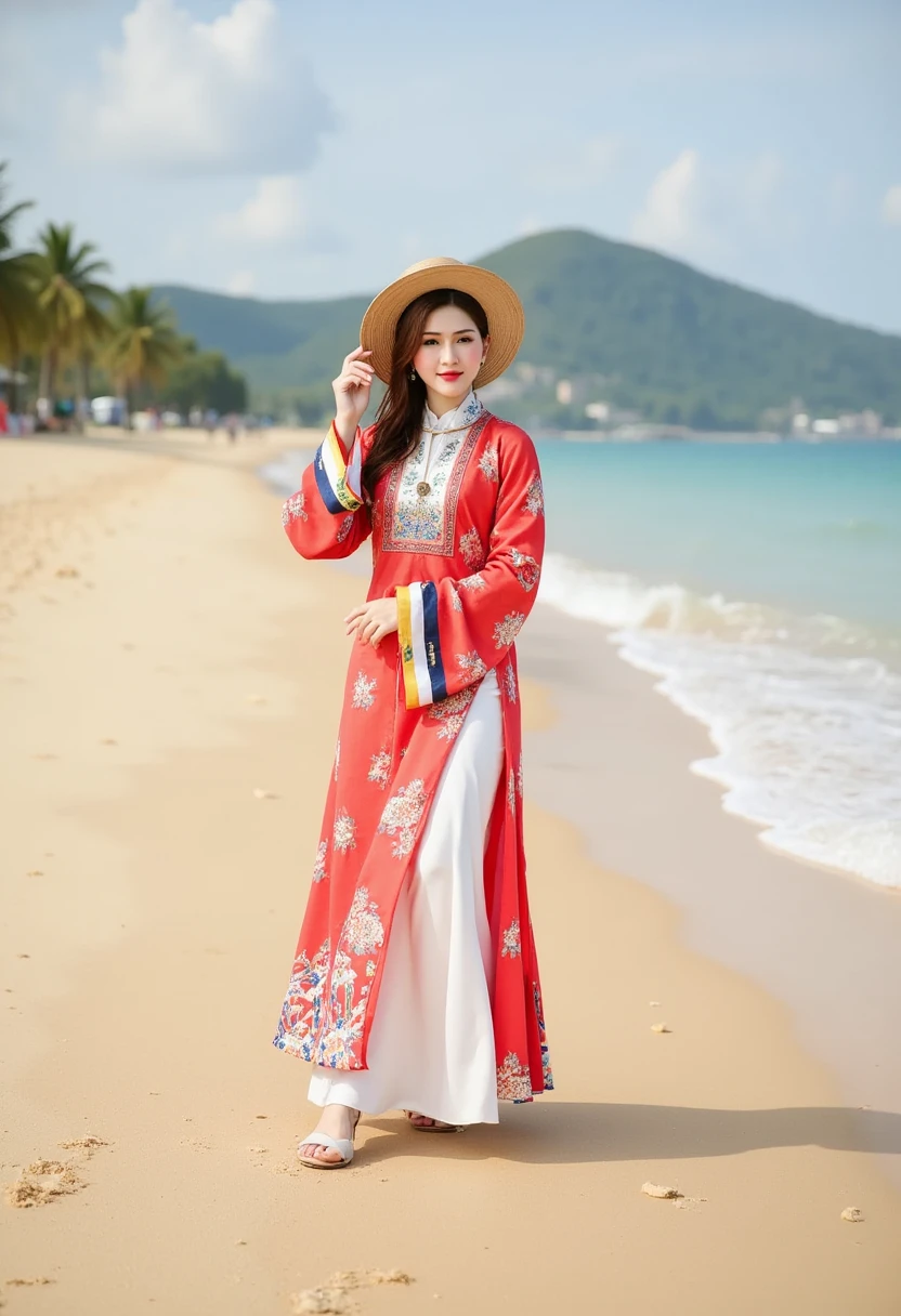 Truyenthongvn, Vietnamese traditional costume, lisamy, beautiful woman is posing on Nha Trang beach, full body view