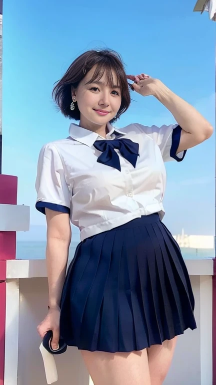 full body shot, from below,  Japanese Mature Woman,  detailed face, smile,  white skin, (curvy body, Large Breasts,  Plump Thighs:1.5), ( school uniform,  navy blue super short pleated mini skirt, JK_style, short-sleeved JK_shirt, JK_tie, earrings,  necklace :1.2), (Short socks,  wearing loafers :1.2), ( take a picture of the whole body from toe to head, I'm standing at the seaside and taking pictures:1.2), ( surrealism, best quality, ultra detailed, absolutely resolution, 8k, anatomically correct), depth of field, looking at viewer, tachi-e, Inoue Tsinghua,  short bob hair