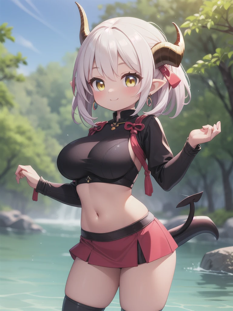  masterpiece,  better quality ,  high resolution , (( Waifu thin and thick :1.3)), large breasts, Elf, yellow eyes, short pink hair in a high ponytail, (crop top underboobs;1,8), (short tight skirt red:1,8) , jewelry, Cowboy shot , red maple tree, automne, happy, sunlight, (demon horns:1,7), (demon tail:1,2), slim girl, Front view, collier, jewelry rouge précieux, river background , leonardo da vinci rider, **** body, love, huge tits, large hips,