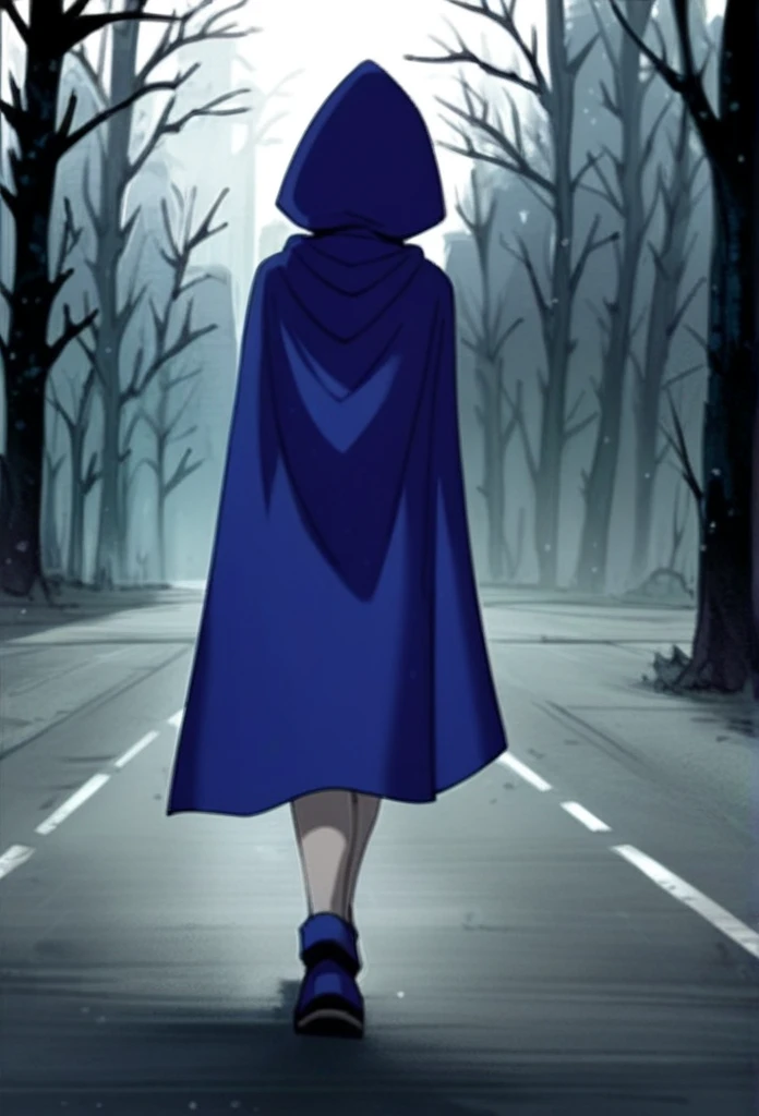 1girl, solo, raven (dc), purple eyes,  purple hair, grey skin, forehead jewel, blue cape covering whole body, long blue cape, cape touches on ground, walking, fog, forest, city, hood covered head, from behind, 