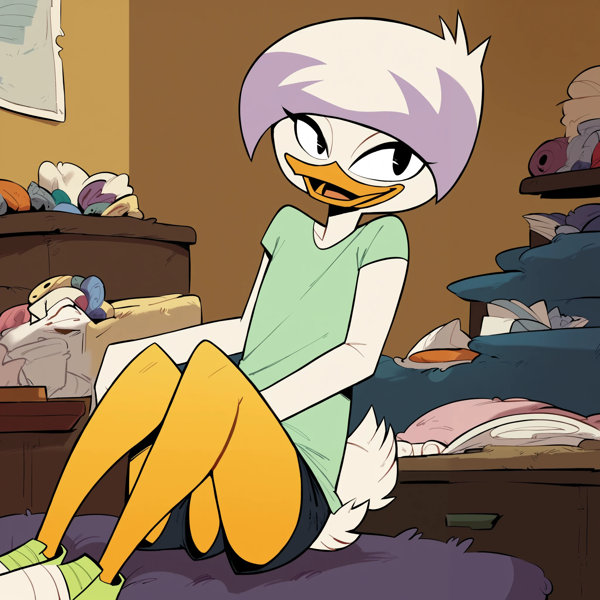 excellent quality, high resolution,, cartoon source 1girl, girl, alone, indoors, room, duck, bill, lena sabrewing, youth, white skin, pale hair, highlights in pink, cropped hair, 2 legs orange, eyes black, eye shadow in purple, green top, shorts, happy, (looking at viewer)