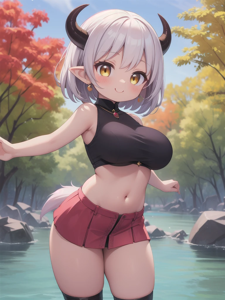  masterpiece,  better quality ,  high resolution , (( Waifu thin and thick :1.3)), large breasts, Elf, yellow eyes, short pink hair in a high ponytail, (crop top sideboobs;1,8), (short tight skirt red:1,8) , jewelry, Cowboy shot , red maple tree, automne, happy, sunlight, (demon horns:1,7), (demon tail:1,2), slim girl, Front view, collier, jewelry rouge précieux, river background , leonardo da vinci rider, **** body, love, huge tits, large hips,