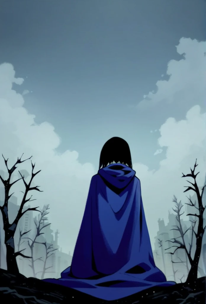 1girl, solo, raven (dc), purple eyes,  purple hair, grey skin, forehead jewel, blue cape covering whole body, long blue cape, cape reaches the ground, sitting, fog, forest, city, hood covered head, from behind, from below