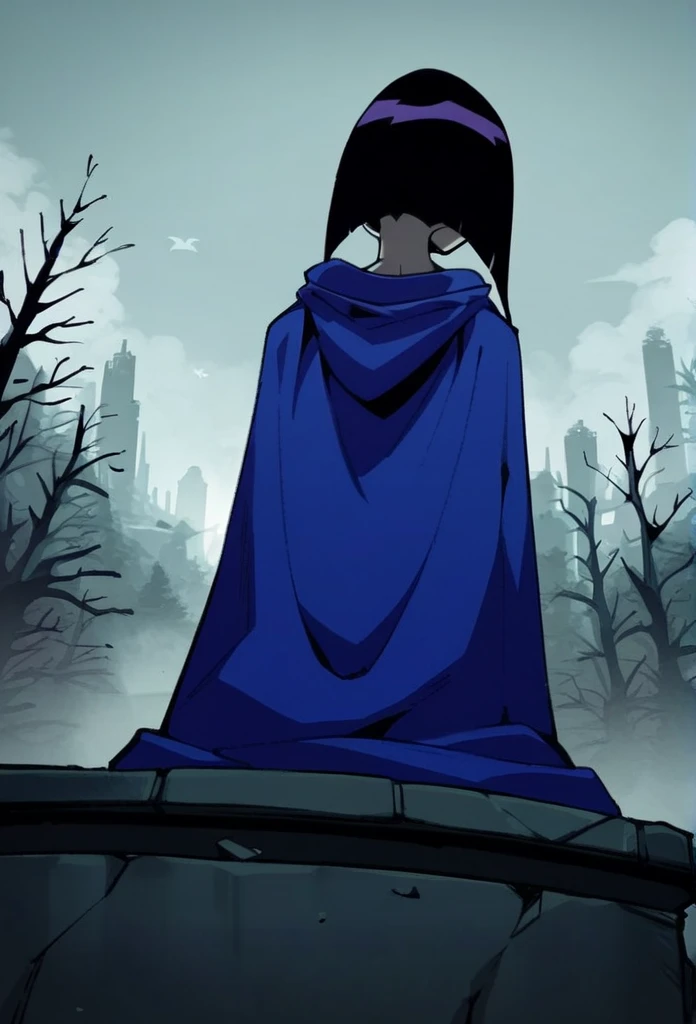 1girl, solo, raven (dc), purple eyes,  purple hair, grey skin, forehead jewel, blue cape covering whole body, long blue cape, cape reaches the ground, sitting, fog, forest, city, hood covered head, from behind, from below