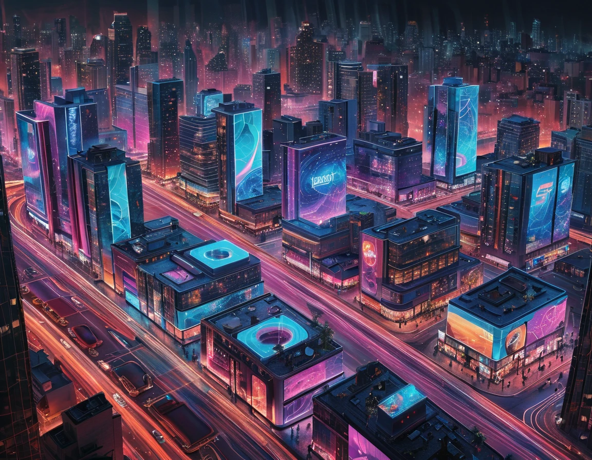 A vibrant virtual city street. In the foreground, a sleek, showrooms from popular car brands in neon light like 'Nike', 'Gucci', 'Burberry', 'Rolex', and 'Levi's'. Each showroom has a modern, hex-shaped design with clear brand logos. peoples with s enjoy around and a Cinema house is nearby. where transparent surfaces are defined by luminous boundaries. Framework edges pulse with gold, curved highways, representing the seamless exchanges of data between the systems. Warm colors like electric blue and vivid purple dominate the scene, casting a radiant glow, while dynamic beams of light crisscross through the air to enhance the energetic ambiance.