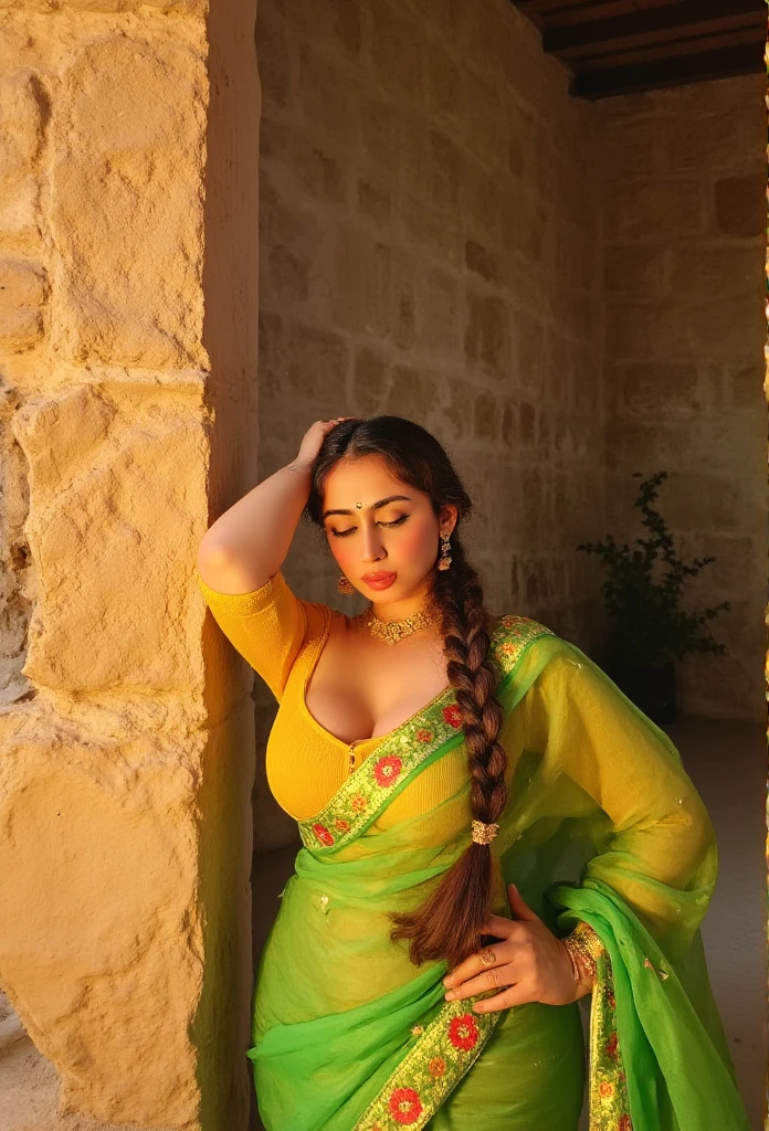  A serene South Asian woman,adorned in a vibrant green saree with yellow borders and floral patterns,leans against a rustic stone wall beneath a warm,golden light. Her fair skin tone glows against the rich hues of her attire,accentuating her voluptuous figure. The plunging neckline of her bright yellow blouse showcases her prominent breasts,while her long,dark hair is stylishly braided and draped over her shoulder. A delicate nose ring and intricate gold jewelry adorn her face,punctuating the soft features of her closed,contemplative eyes,which are framed by thick eyelashes. A subtle,gentle touch of her left hand on her forehead conveys a sense of calm and introspection,as if she is lost in thought or posing for the camera. The background,with its distinctive stone and wood elements,suggests a traditional Indian courtyard or rural setting,bathed in the soft,warm glow of late afternoon or early evening. A warm,golden light spills over the scene,casting long shadows and imbuing the atmosphere with a sense of tranquility and cultural richness. The overall color palette,with its emphasis on greens,yellows,and reds,evokes a sense of festivity and celebration. Cinematographically,the scene is reminiscent of the works of legendary director,Satyajit Ray,with its emphasis on natural light,subtle camera movements,and attention to detail. The film grain is subtle,with a slight texture that adds to the organic,earthy feel of the scene. Color grading is warm and natural,with a slight enhancement of the vibrant colors to create a sense of depth and dimensionality. The camera is positioned at a slight angle,looking up at the woman,creating a sense of intimacy and closeness. With a focus on the woman's serene expression and the rustic beauty of the background,the scene is a perfect blend of cultural authenticity and artistic expression,as if captured straight from the pages of a classic Indian novel or film.(Show her back figure) B-GRADE MOVIE scene where woman and man doing kiss  