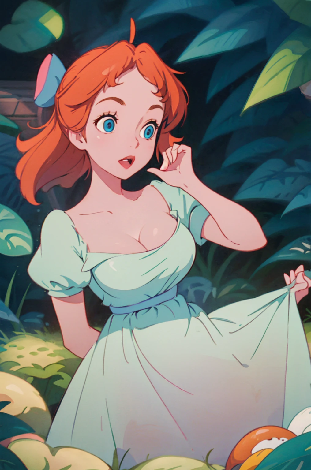 (masterpiece:1.4), (best qualit:1.4), (high resolution:1.4), wendy darling, bow, nightgown, giant sized breasts, huge cleavage