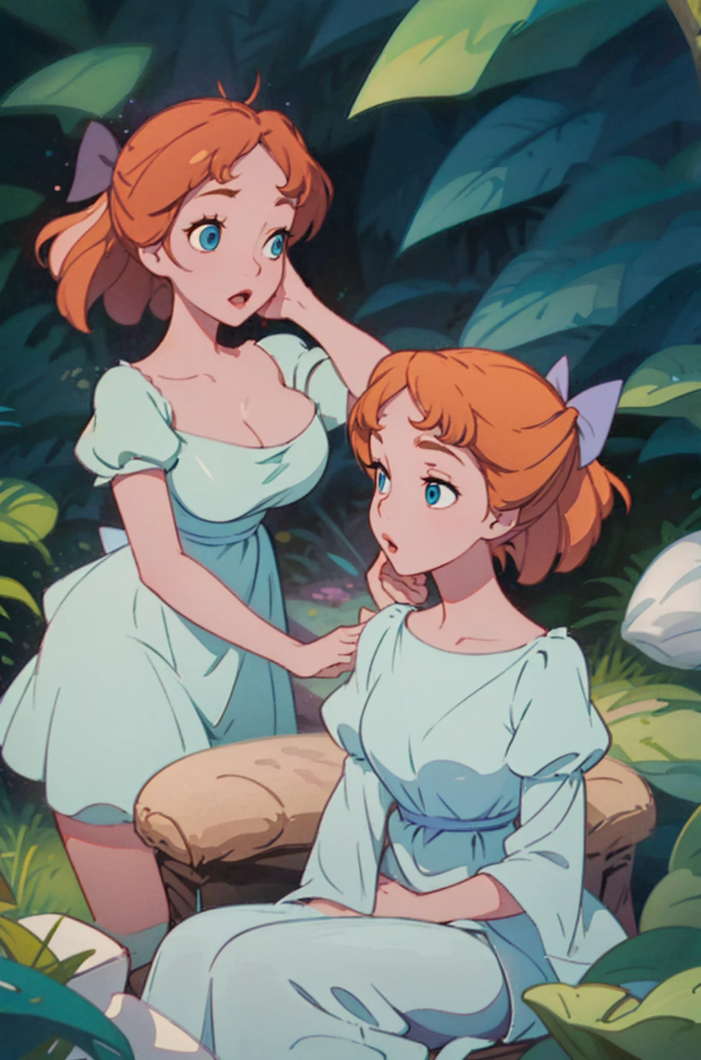 (masterpiece:1.4), (best qualit:1.4), (high resolution:1.4), wendy darling, bow, nightgown, giant sized breasts, huge cleavage