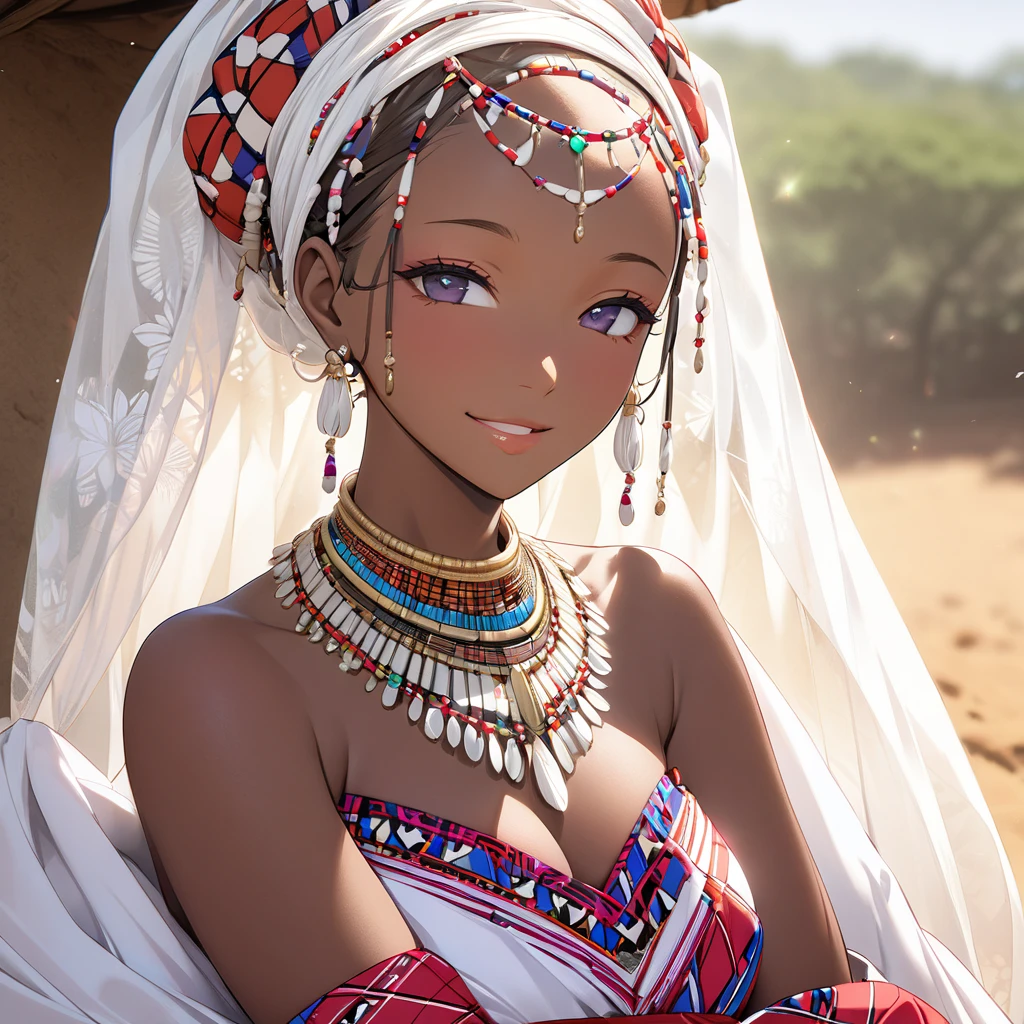  The woman in the form of a gorgeous, sexy, and beautiful bride of the African Maasai tribe wears a Maasai bride with a beautiful Ishihara Satomi hairstyle and a Maasai bride、((Best Quality)), ((masterpiece)), ( Details), （ perfect face）,The woman is Ishihara Satomi, a beautiful Maasai bride with outstanding proportions and a gentle smile 