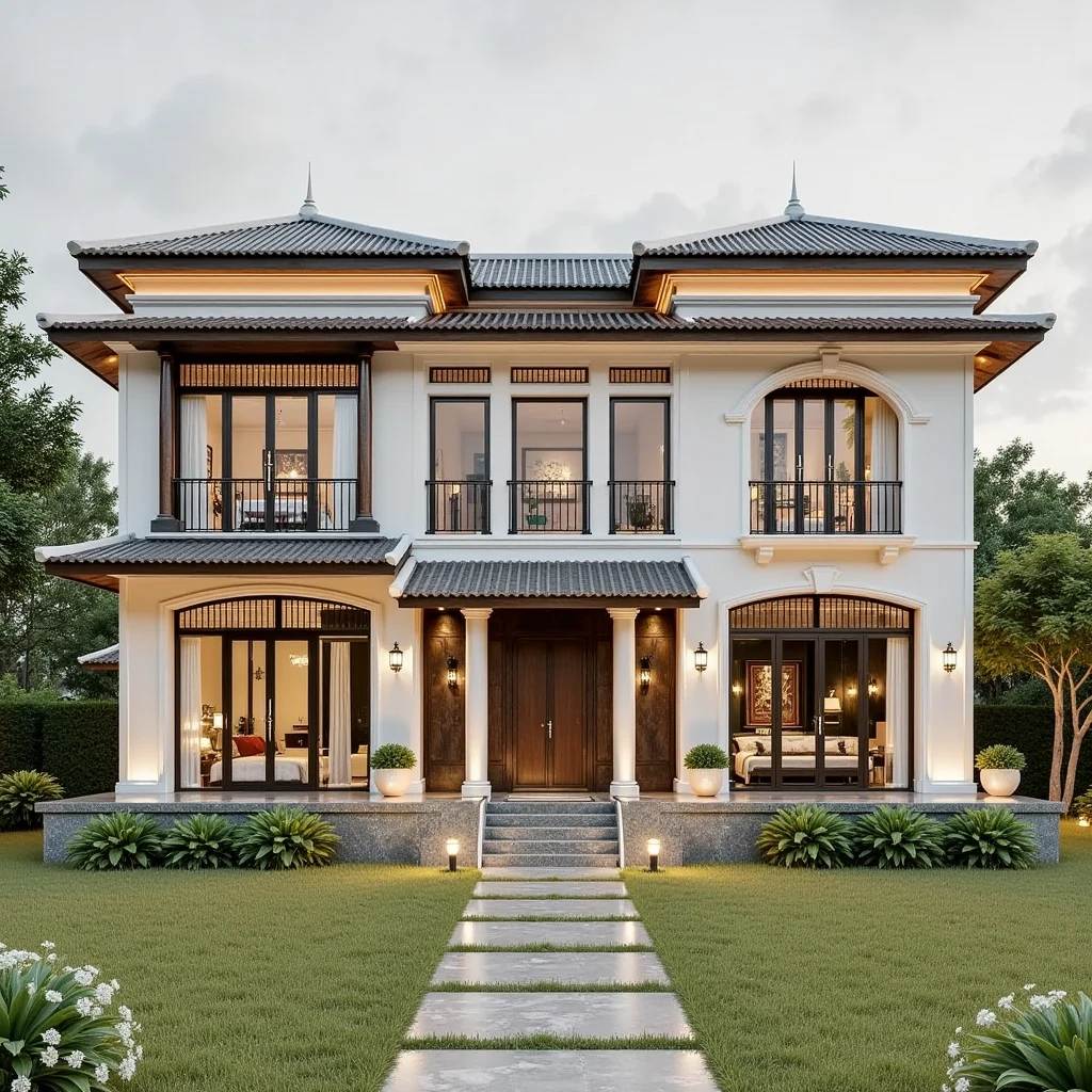 (masterpiece, best quality:1.2, hyper detail, 8k render), 1 indochina villa, 1 large glossy yard, grey and grass line ceramic yard, exterior design:1.3,daylight, volumetriclight:1.5