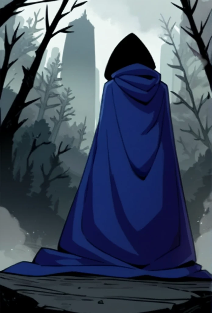 1girl, solo, raven (dc), purple eyes,  purple hair, grey skin, forehead jewel, cape covering whole body, long blue cape, cape reaches the ground, sitting, fog, forest, city, hood on, from behind, from below, 