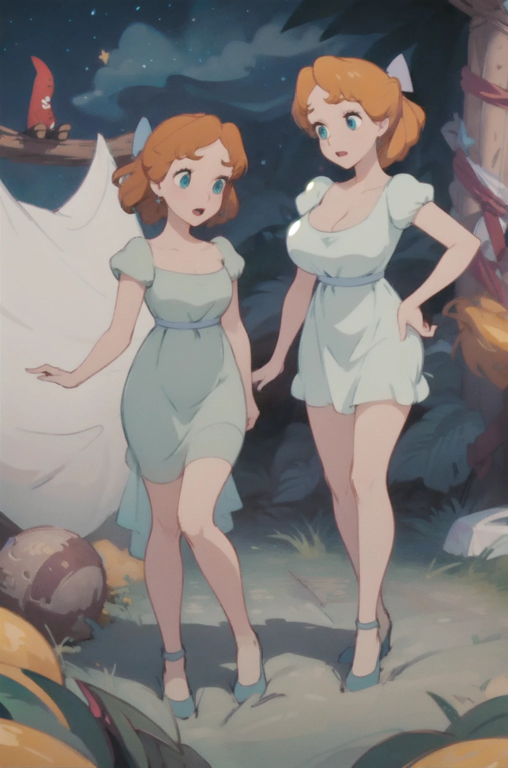 (masterpiece:1.4), (best qualit:1.4), (high resolution:1.4), wendy darling, bow, nightgown, giant sized breasts, huge cleavage