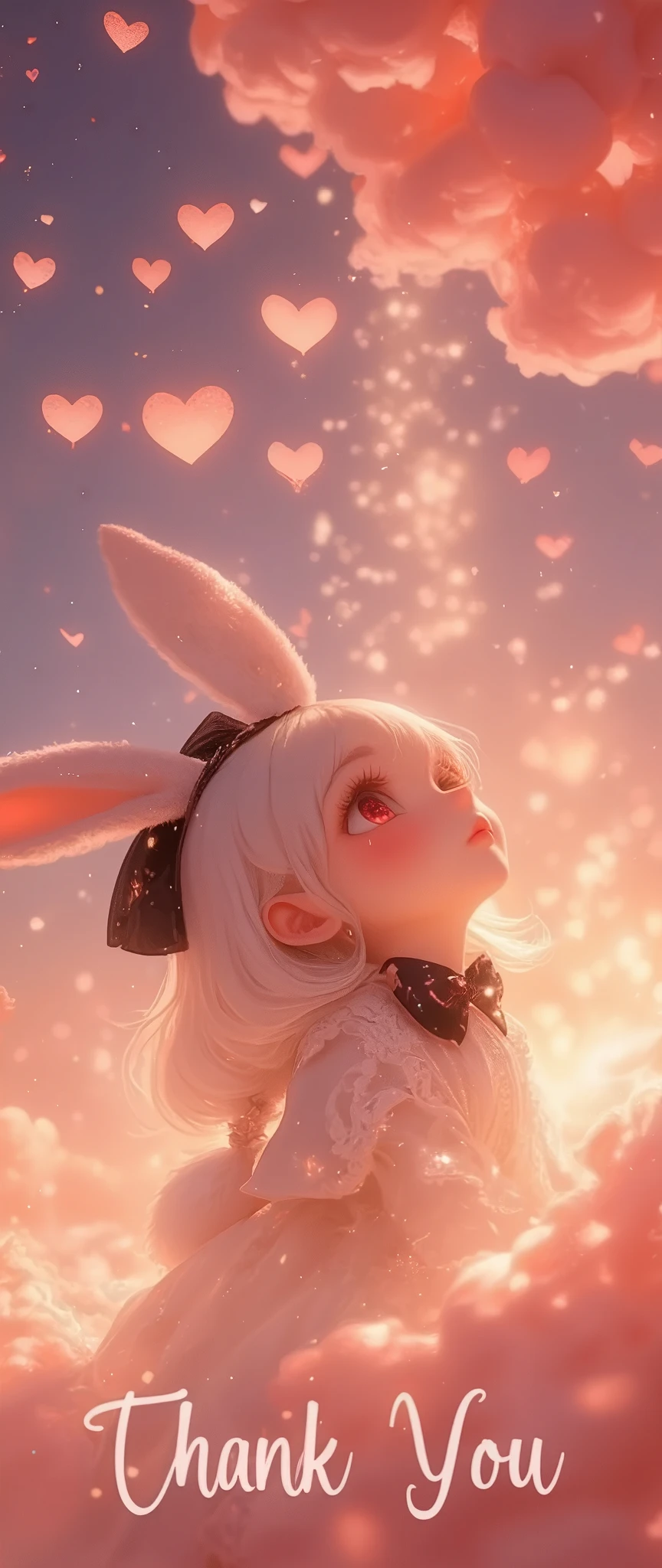 Lots and lots of beautiful fluffy heart marks are falling in endless profusion from the beautiful sky, dazzling warm light. a cute anime-style chibi girl\(red eyes,white rabbit ears, wearing pretty white dress embroidered with shiny white silk, luxuriously braided long white hair, big black hair bow\) buried in Lots and lots of beautiful fluffy heart marks, looking up sky surprised and dazzlingly. Beautiful and warm sparkles shine gently, creating a sweet and kind and gentle atmosphere. longshot, wide view. at bottom of image sign "THANK YOU" with beautiful cursive font