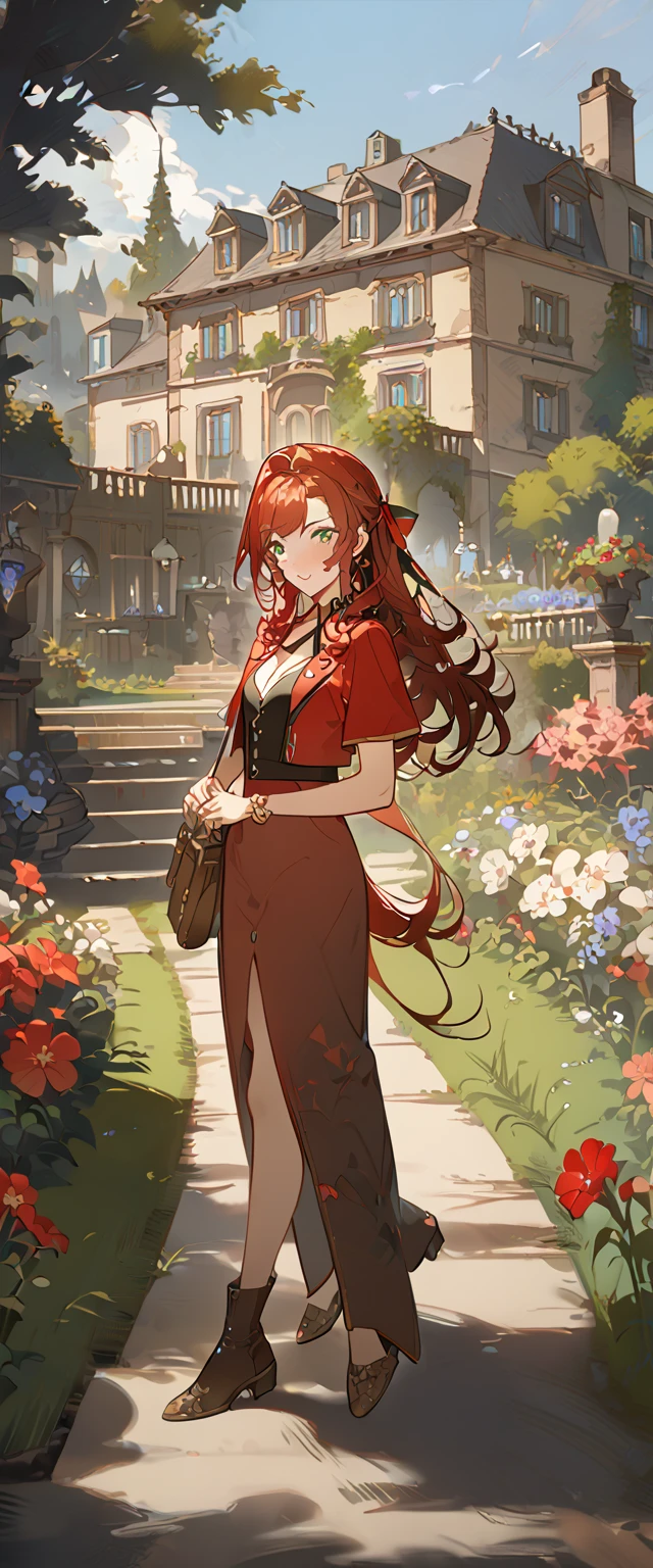 masterpiece, best quality, 8k, 4k, 1girl, aerith gainsborough, brown hair, high middle bang, longer side curly bang, long tight curly ponytail, green eyes, red hair ribbon, red bolero jacket, short sleeve jacket, cropped jacket, black tie choker, long pink straight dress, brown boots, bangles, walking in a garden, flowers, detailed background,, inspired by Asukaziye artist : ask, art style : ask