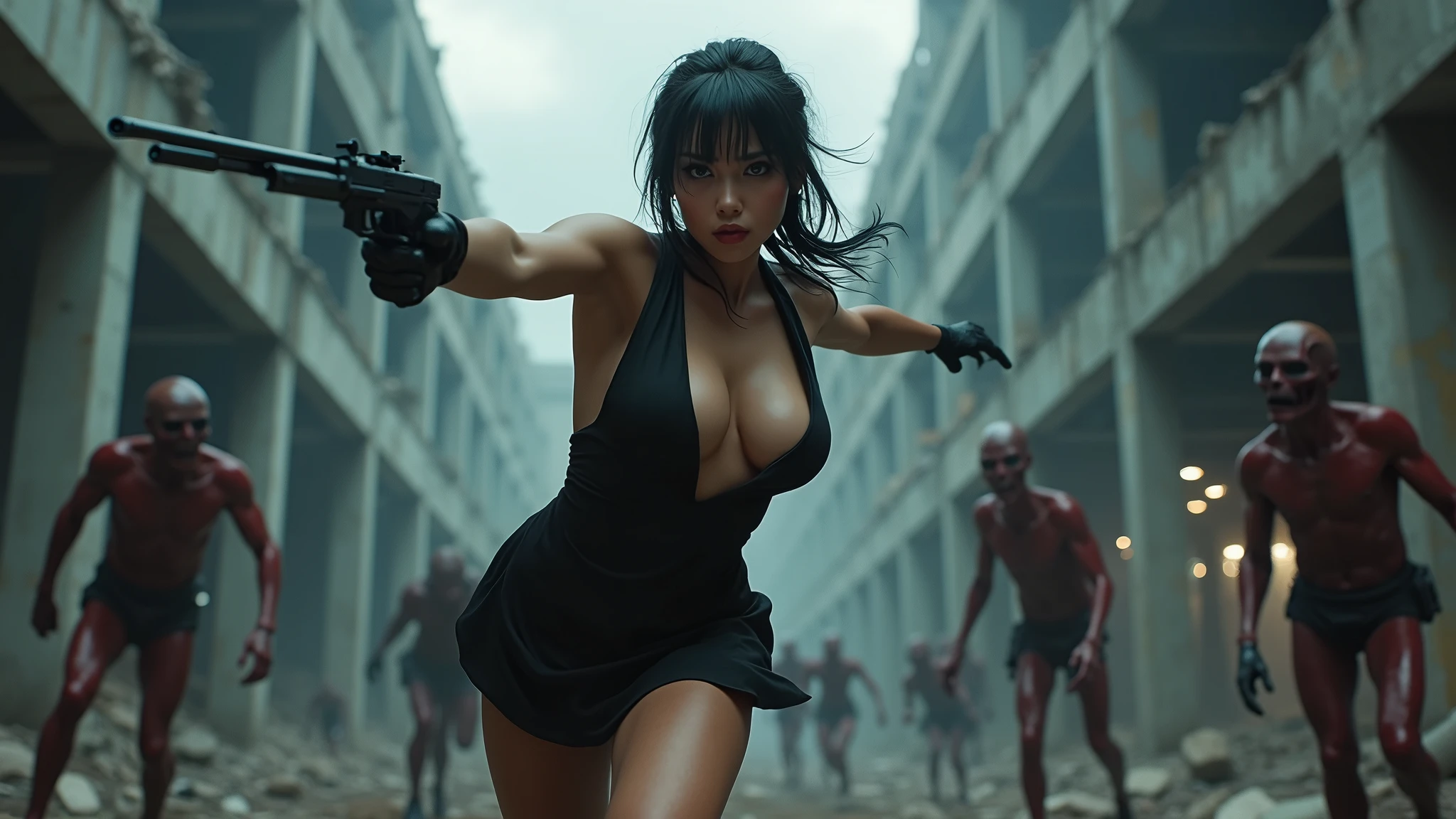 super fine illustration, ultra high resolution, masterpiece, highest quality, perfect lighting, detailed lighting, dramatic shadow, ray tracing, 1 beautiful white girl, solo, looking at viewer, medium breasts, exposed cleavage, beautiful detailed hazel eyes, sharp face, clear eyes, long bang, ((medium curly blond hair:1.2)), ((post-apocalyptic fiction)), ((desert:1.2)), ((battle suit:1.2)), (((military harness))), Resident Evil Series, full body,