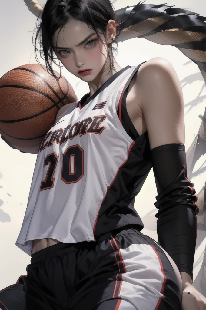 A man short hair with a fierce face, black hair, blue eyes, and tanned skin, wearing a basketball uniform, with a dragon tattoo on his left arm.