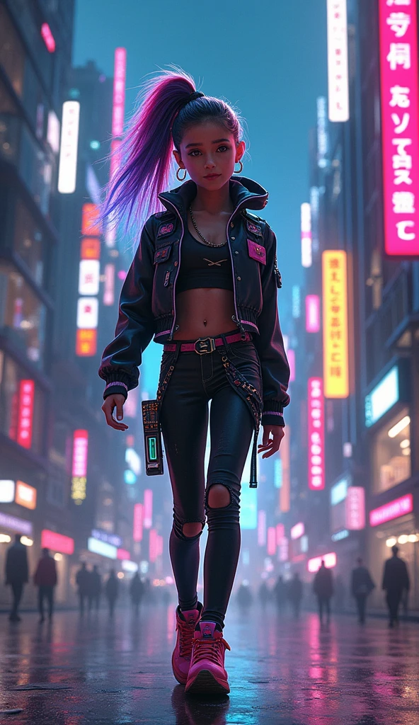 Girl, blowing a bubblegum slim body, sexy, wearing green suit jacket, tied long dark pink hair,((Best Quality)), ((Masterpiece)), ((Realistic)) and ultra-detailed photography of a 1nerdy girl with goth and neon colors. She has ((turquoise hair)), wears a techwear jacket and exudes a vibe ((beautiful and aesthetic)).