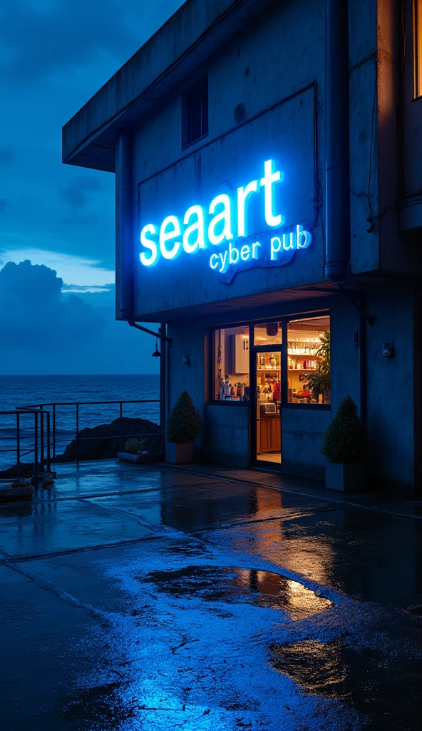 Night Time、“Seaart cyber pub” neon sign、 blue neon sign 、Bar entrance 、chic appearance 、