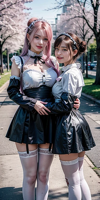 A 20-year-old female maid and a  girl, 20-year-old woman wearing traditional maid uniform, The  girl is wearing a light blue dress.,  girl wearing ribbon headband, 20 year old woman has big breasts, Beautifully detailed face, A 20-year-old woman has a bun hairstyle, Natural sunlight, A 20-year-old woman is wearing glasses, They are standing under a cherry tree, Professional family photos,  girl laughing, The two are very natural. The 20-year-old woman is 170cm tall., Anatomically correct body, A  girl is 100cm tall, 20 year old woman has purple hair, 20 year old woman hugging, Red lipstick, A 20-year-old woman is wearing a black skirt with frills, Chic pumps,  girl has twin tails, 20 year old woman in garter belt and white stockings, They are both smiling., A 20-year-old woman is holding a  girl in her arms, 20 year old woman has skirt lift, Draw two faces in detail, The  girl is wearing a long skirt, The  girl has a very young face., Anatomically correct number of hands, The  girl has blonde hair., A  girl rests her cheek against the chest of a 20-year-old woman., Anatomically correct leg shaping, The two of them are beneath a magnificent row of cherry blossom trees., 20 year old woman with legs apart