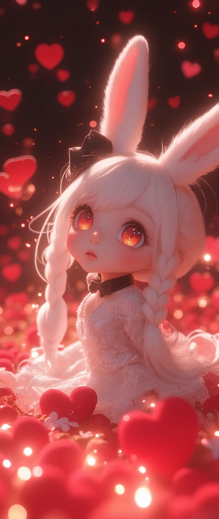 Lots and lots of beautiful fluffy heart marks are falling in endless profusion, from the beautiful sky dazzling warm light, a cute anime-style chibi girl\(red eyes,white rabbit ears, wearing pretty white dress embroidered with shiny white silk, luxuriously braided long white hair, big black hair bow\) buried in Lots and lots of beautiful fluffy heart marks, looking up surprised and dazzlingly. Beautiful and warm sparkles shine gently, creating a sweet and kind and gentle atmosphere