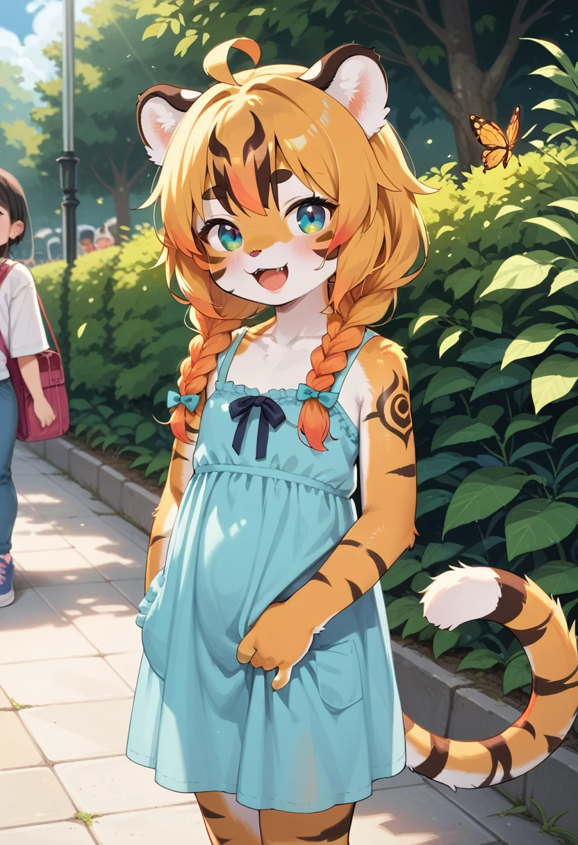 masterpiece, high resolution, best quality, baby body, baby height, flat chest, baby face, furry tiger girl catches a butterfly in the park, happy, sundress, tiger ears, tiger tail, fluffy fur, multicolored hair, twin braids, piercing, makeup, tattoo, public