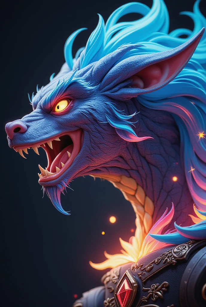 A captivating and vibrant 3D render illustration of the word "Sophia" transformed into a mesmerizing blend of typography and mythical elements. The intricate lettering features a dragon's head roaring open-mouthed, with sharp teeth and eyes aglow. Flames trail down the sides of the lettering, exuding power and intensity. The enchanting deep blue background accentuates the ancient mystique, immersing the viewer in a dark fantasy atmosphere. This high-resolution 8K photo showcases the vibrant colors and detailed textures, making it a breathtaking piece of digital art., typography, vibrant, 3d render, dark fantasy, illustration