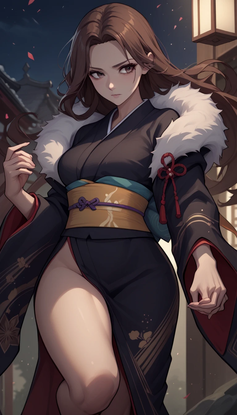 (zPDXL2), (PonyXLV6_Scores), source_anime, Expressiveh, asymmetric image, BREAK
lhata4564, masterpiece, (1girl), ultra detailed, 
black kimono, fur trim, long hair, brown hair, brown eyes, slim waist, medium breasts, large hips, lustful expression, private studio setting, soft lighting, standing or seated, one leg raised or bent, kimono hiked up to expose thigh or underwear, hand holding kimono,